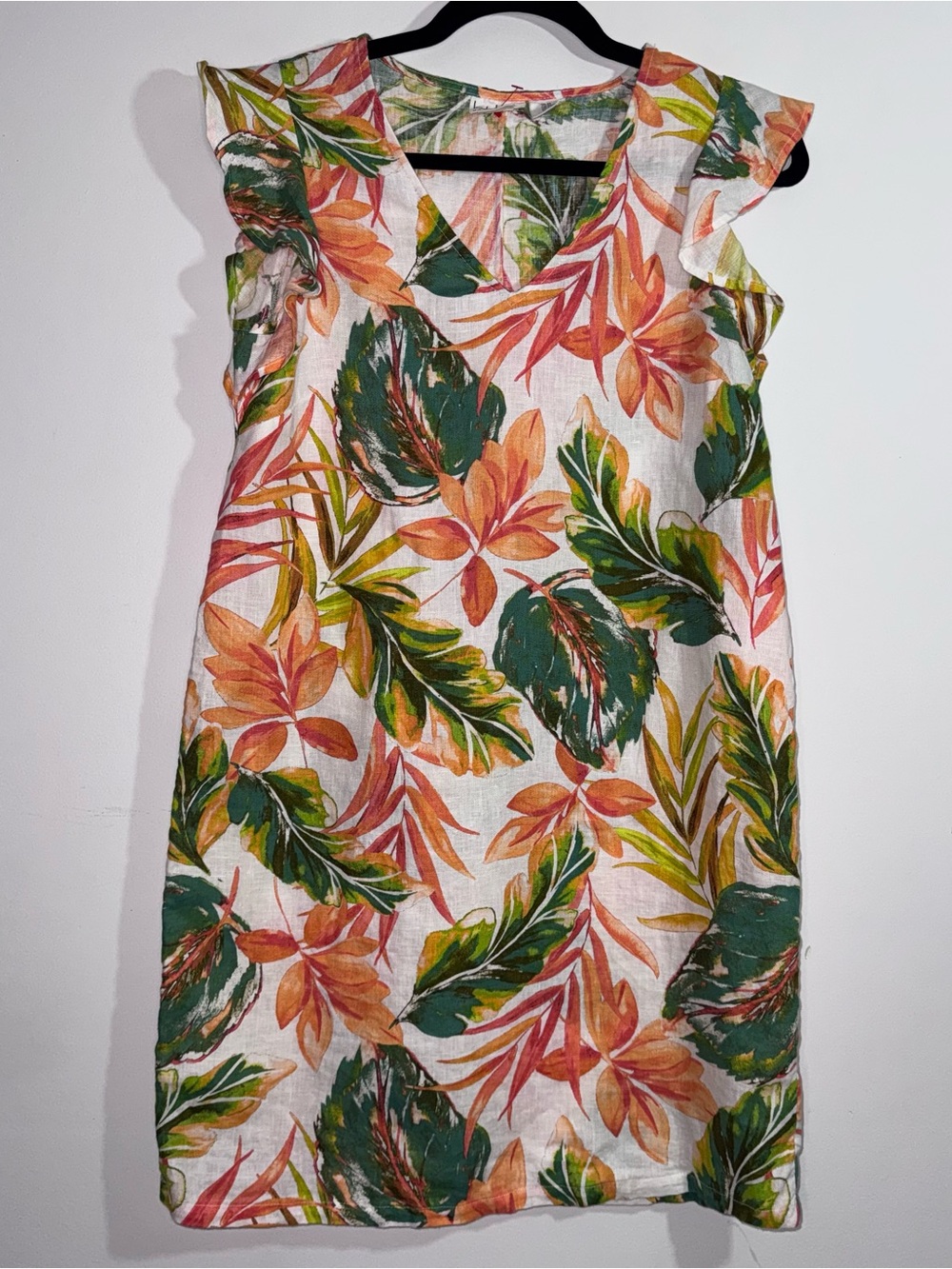 Nicole Miller New York 100% Linen Tropical Leaf Ruffle Shift Dress XS